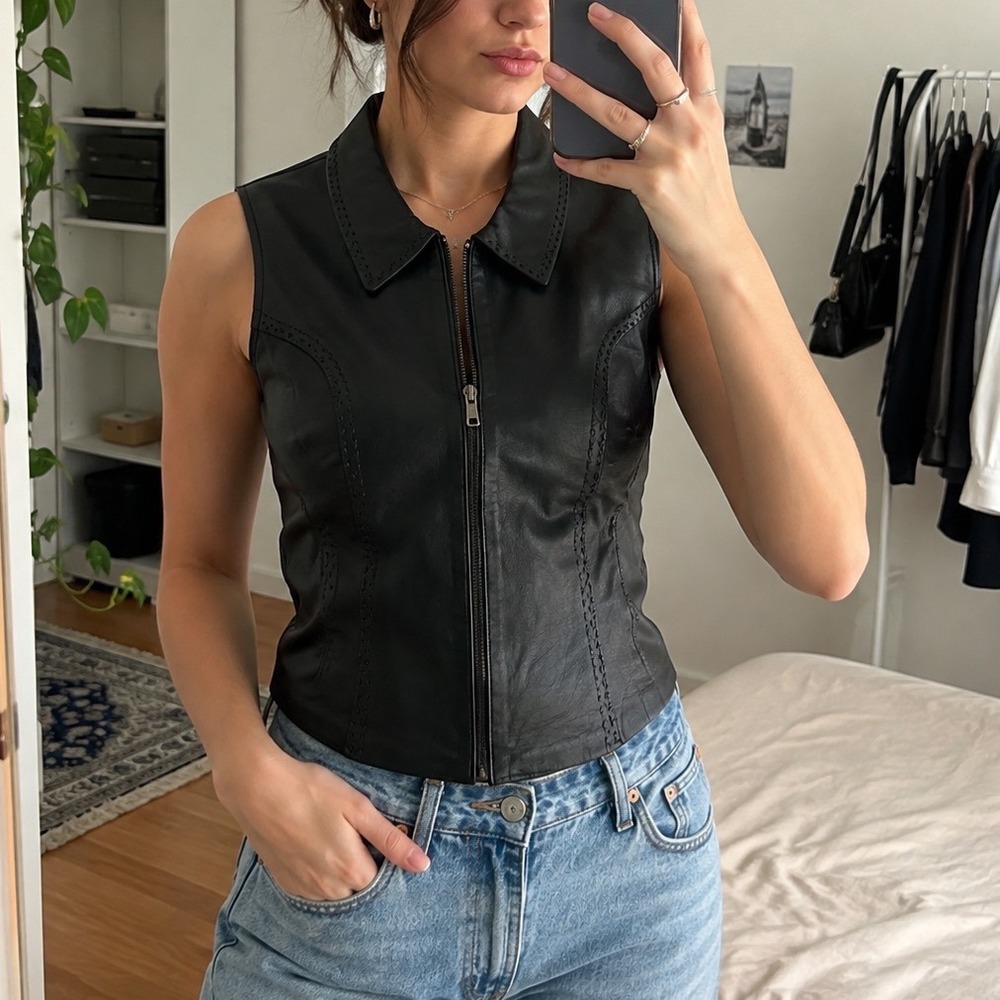Vtg leather vest‎ zip up braid trim bodice 10 grunge emo biker